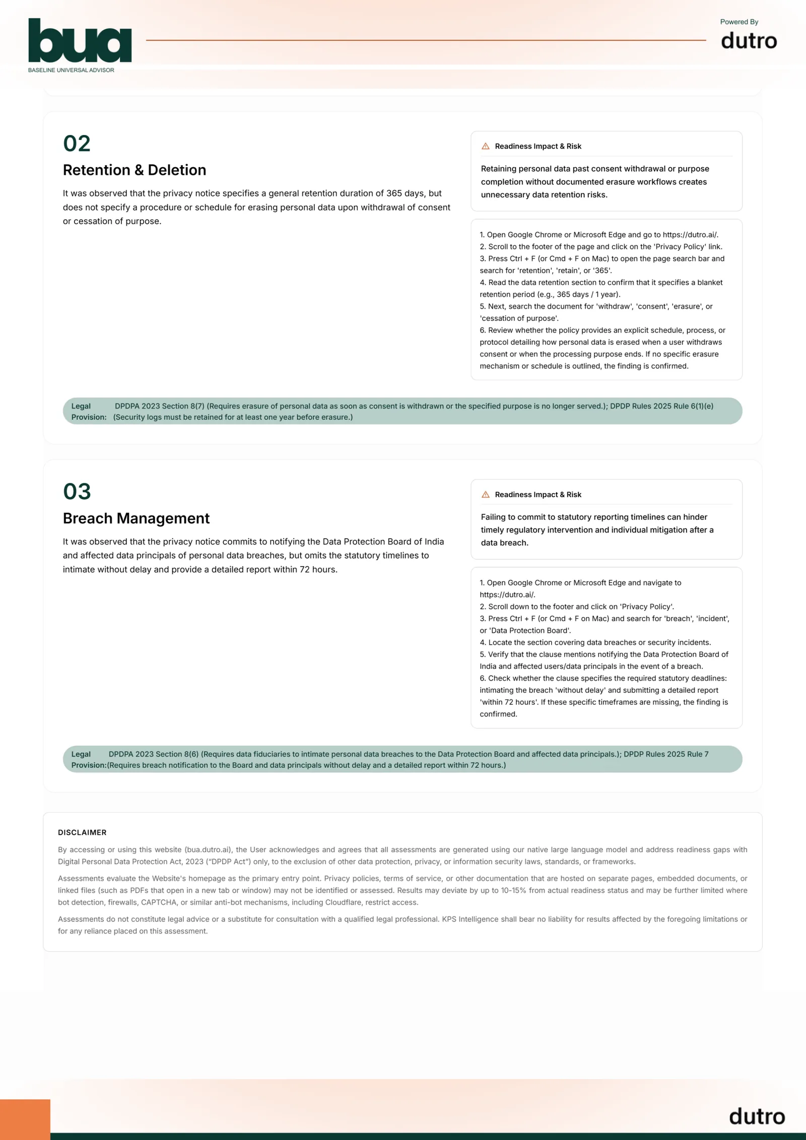BUA scan report for dutro.ai, page two: retention and breach management findings with legal provisions, and the report disclaimer