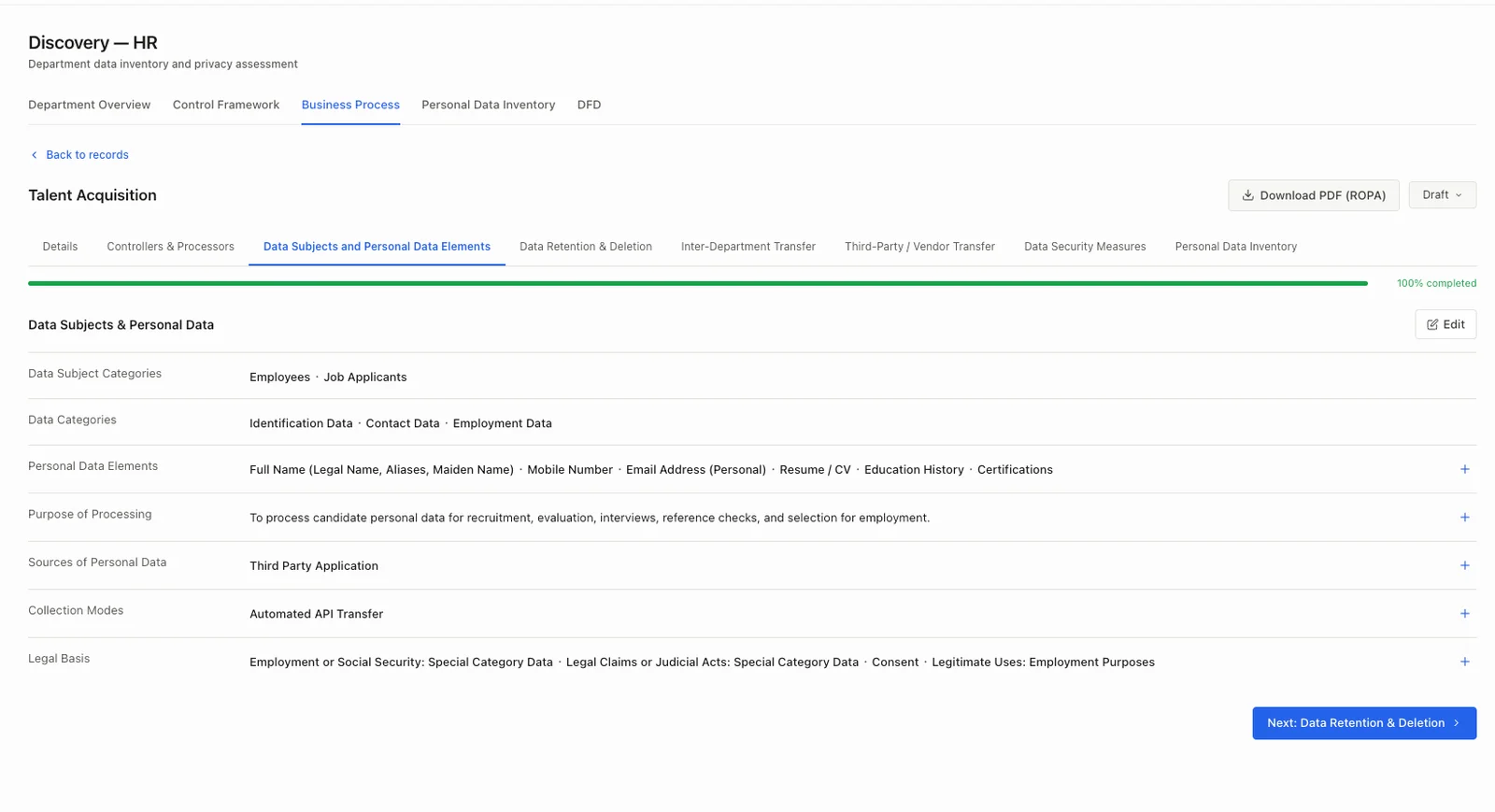 Dutro RoPA record for HR's talent acquisition process: data subjects, data categories, personal data elements, purpose, sources, collection modes and legal basis