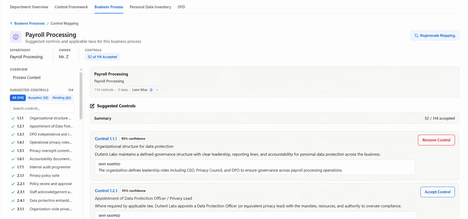 Dutro control mapping for payroll processing: suggested controls, each with its confidence and why it was mapped, and how many are accepted