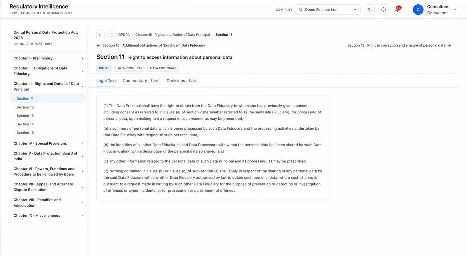 Dutro Knowledge Base: DPDPA Section 11, right to access information about personal data, with the chapter list beside the legal text